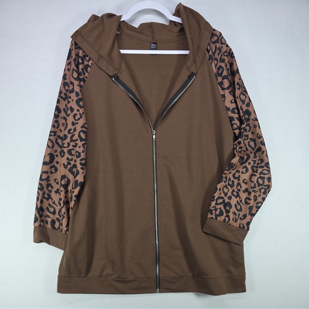 Emery Rose Hoodie Women 2XL Brown Leopard Raglan Long Sleeve Zip Up Hoodie